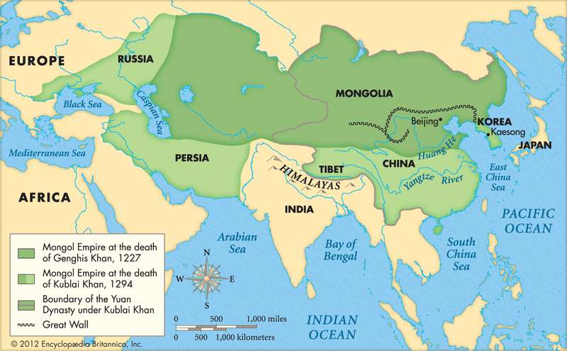 Map displaying the land conquered by the Mongol Empire. 