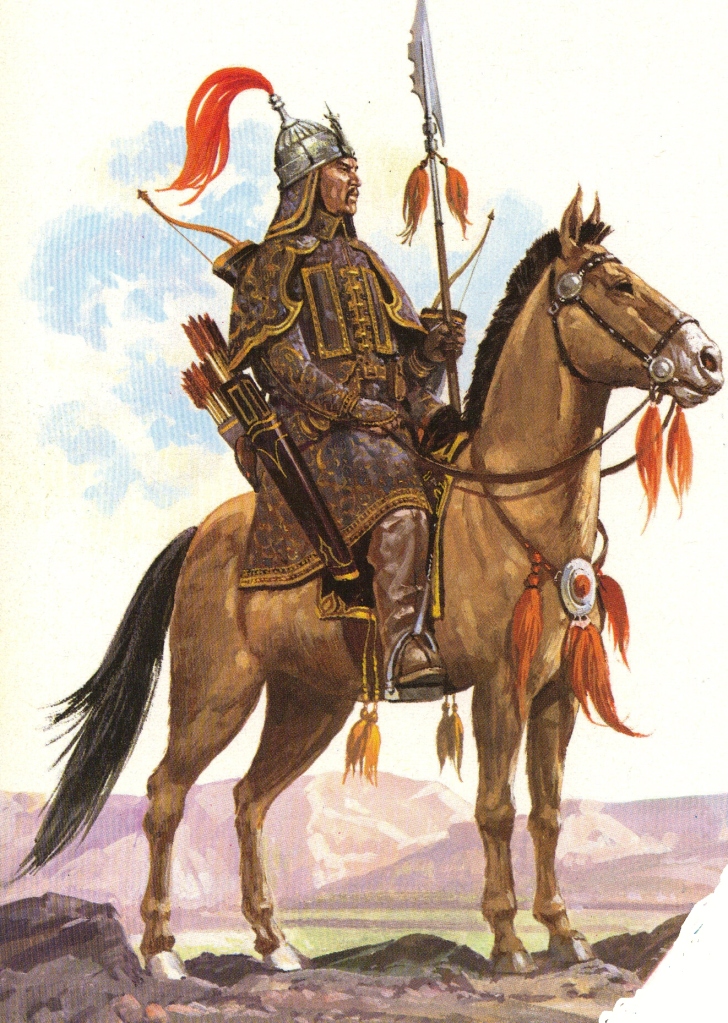 An image of a mongol soldier on a  horse.